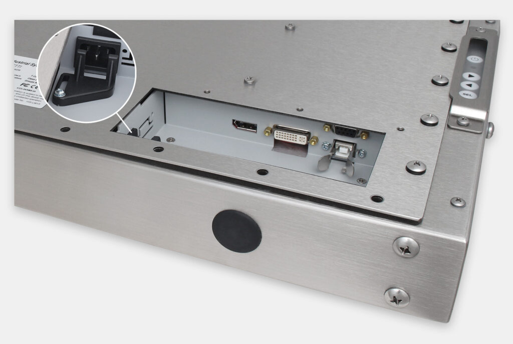 15" Universal Mount Industrial Monitors and IP65/IP66 Rugged Touch Screens, AC cable exit view