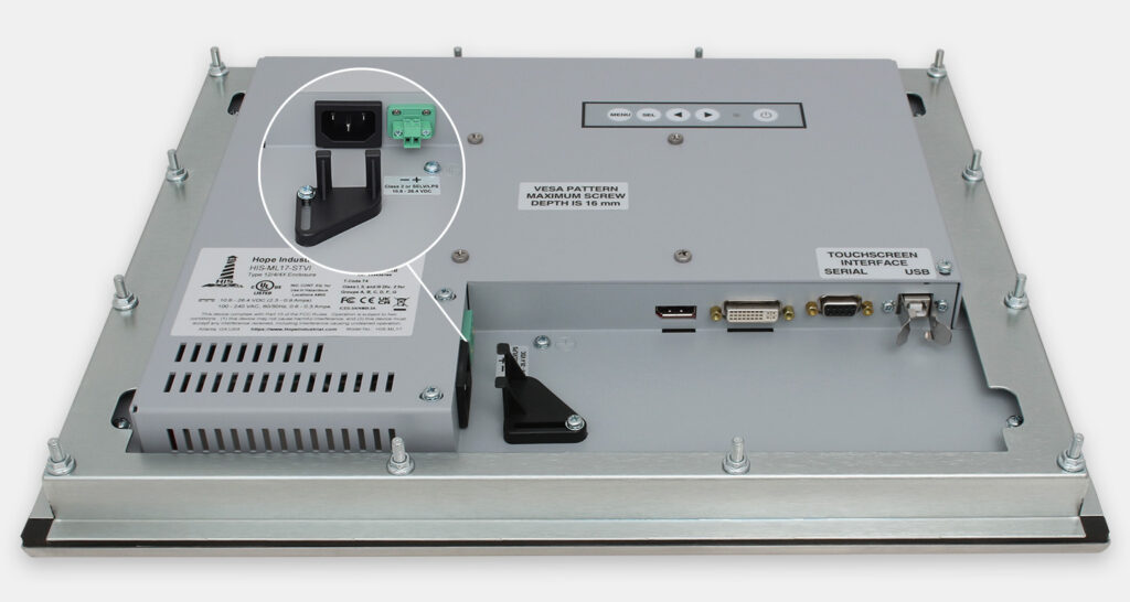 17" Panel Mount Industrial Monitors and IP65/IP66 Rugged Touch Screens, cable exit view